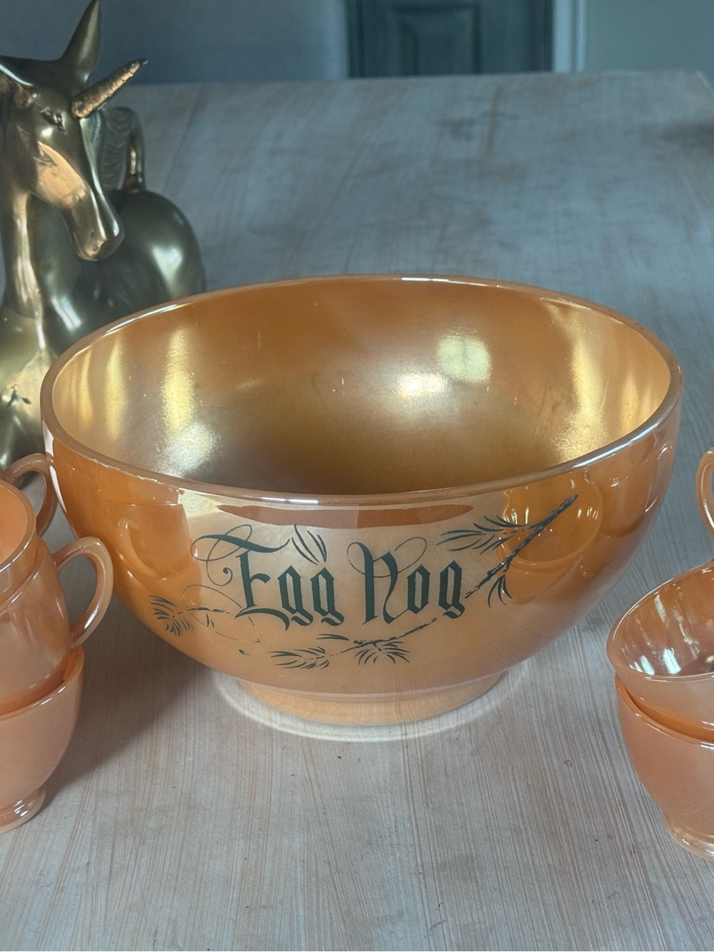 Vintage Fire King Peach Lustre Laurel Eggnog Bowl and Cups
by ANCHOR HOCKING